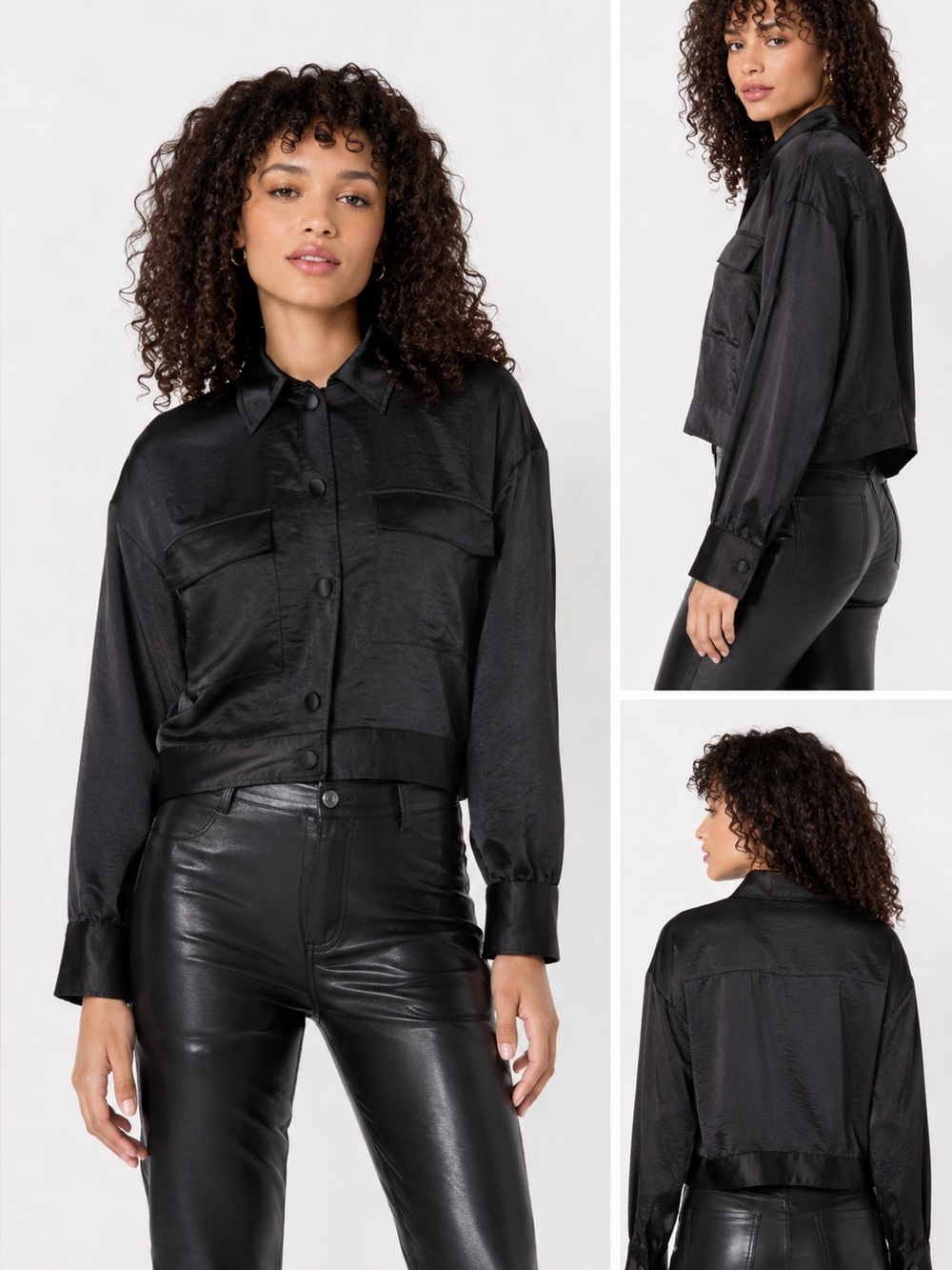 BCBGMAXAZRIA Satin Bomber Jacket Black MEDIUM NWOT Modern Cropped Y2K 90s chic